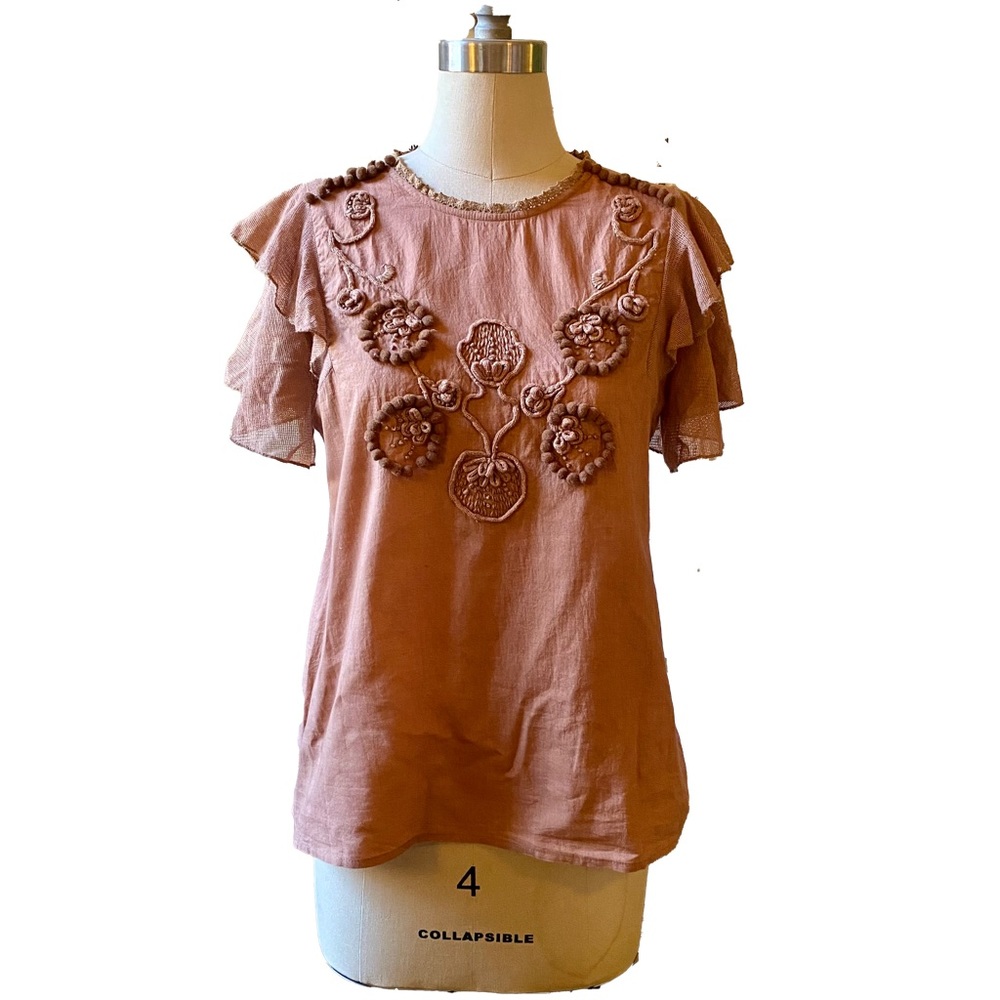 Maria Stanley Finch Embroidered Flutter Sleeve Blouse in Shiitake Brown